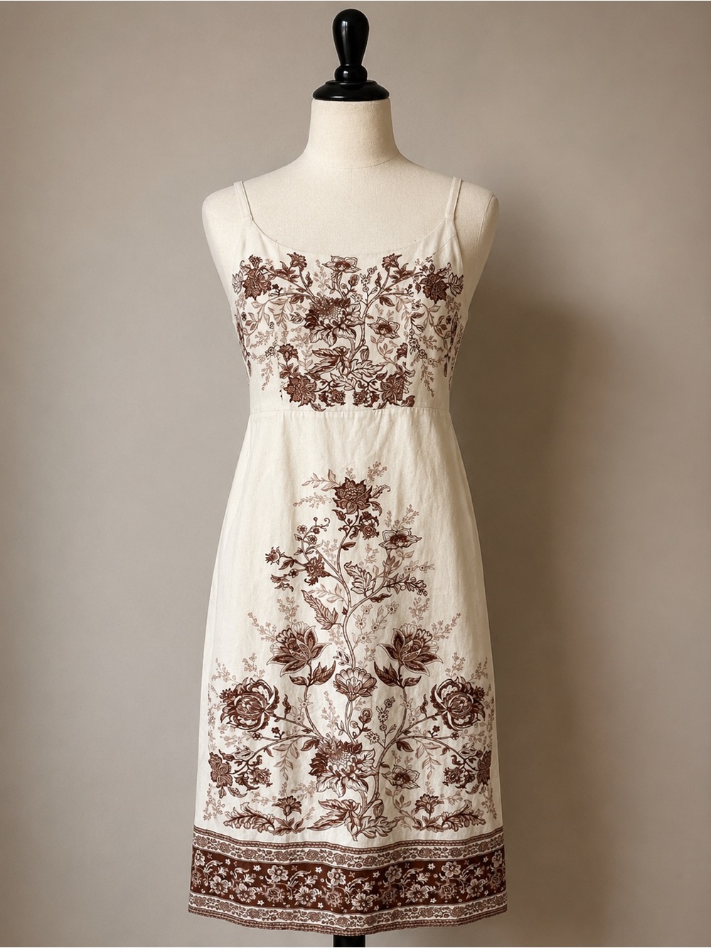 Linen Blend Floral Midi Dress Brown Cream Boho